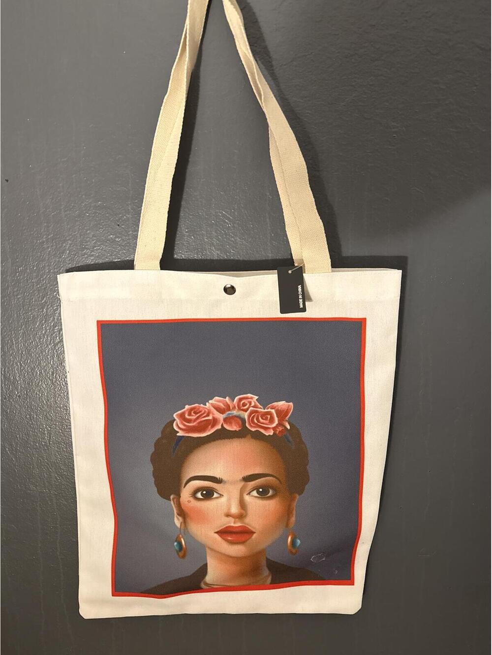 Canvas Tote Bag with Frida Kahlo Portrait Print